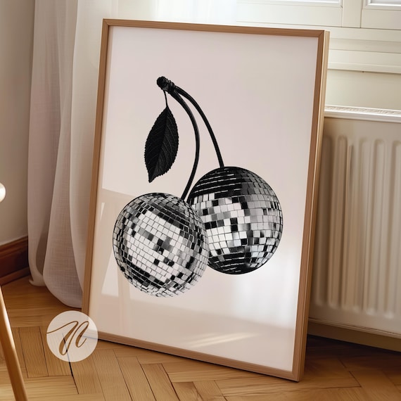 Cherry Disco Ball Poster Black and White Retro Funky Mirror Ball Fruit Art