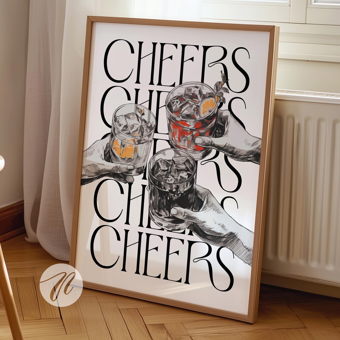 Cheers Cocktail Hands Clinking Black White Home Bar Cart Poster