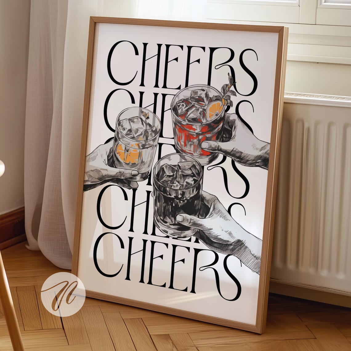 Cheers Print Bar Cart Decor Abstract Neutral Black White Prints Art Poster Vintage Alcohol Wall