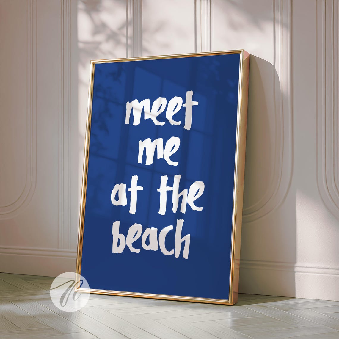 Meet Me At The Beach Bright Blue Coastal Lettering Quote Poster