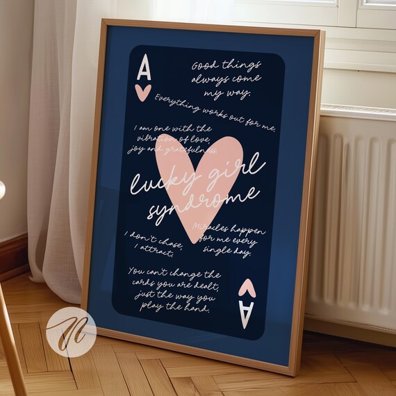 Lucky Girl Syndrome Navy Ace Of Hearts Affirmations Card Poster