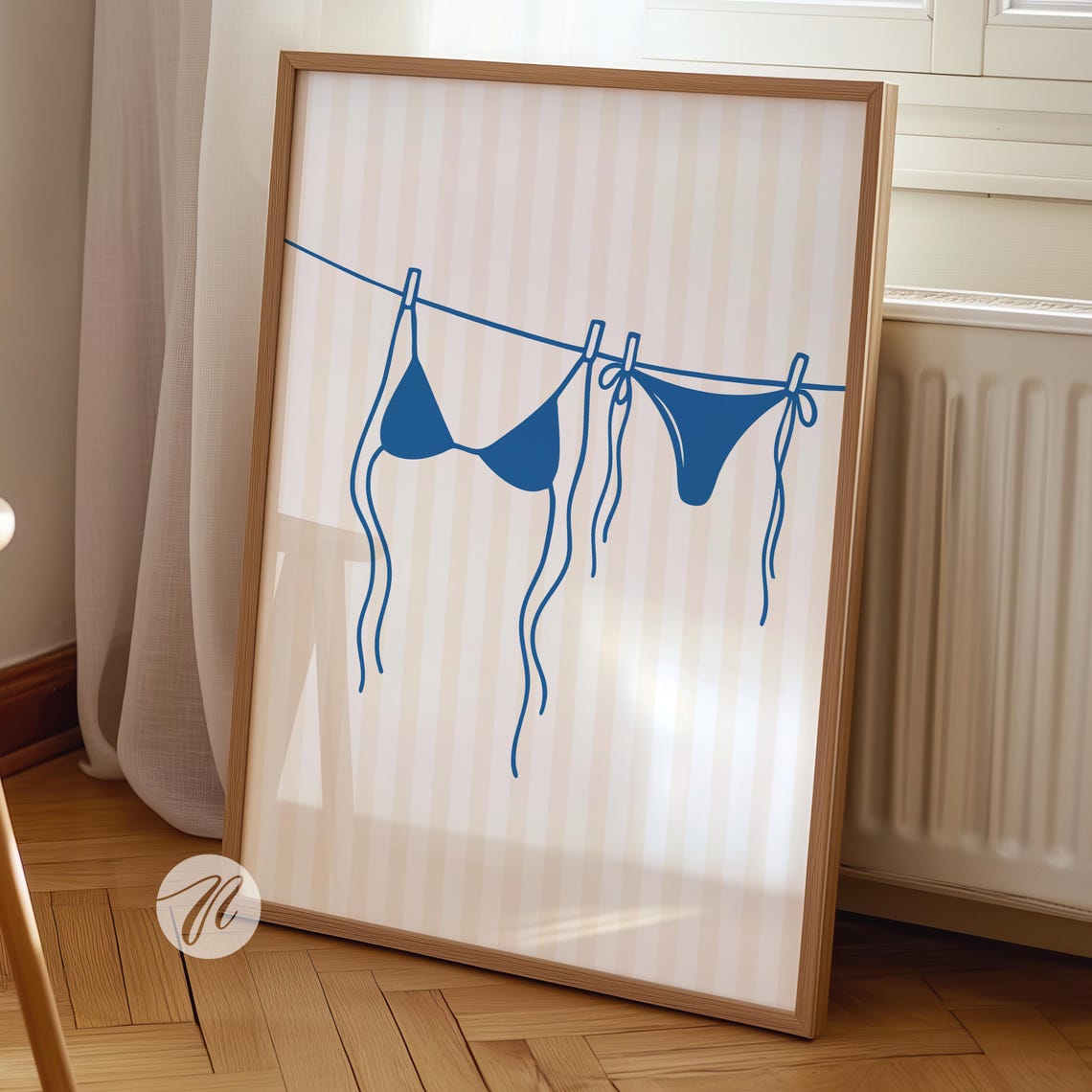Blue Bikini Clothesline Beachy Coastal Laundry Room Wall Art