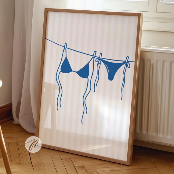 Blue Bikini Clothesline Beachy Coastal Laundry Room Wall Art