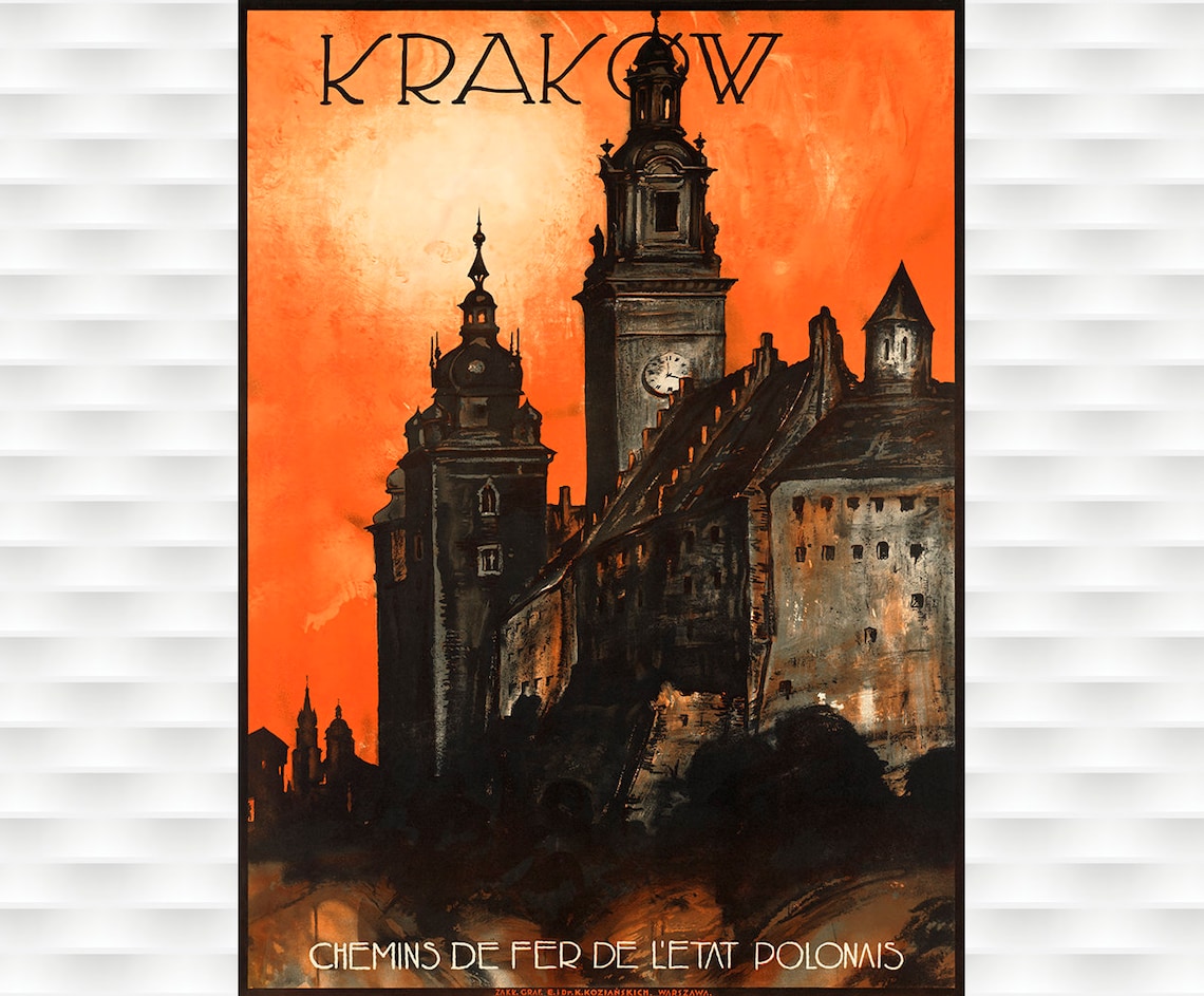 Krakow Wawel Castle Silhouette Polish Railway Vintage Travel Poster