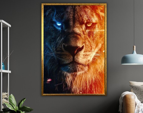Lion Fire And Ice Split Portrait Blue Orange Eyes Wildlife Poster