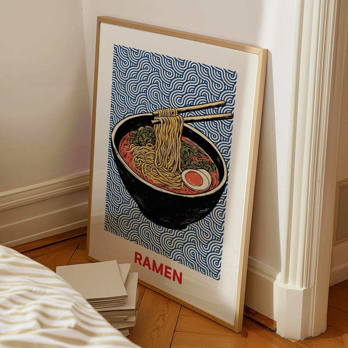 Ramen Bowl With Chopsticks Blue Seigaiha Wave Pattern Kitchen Poster - Image 3