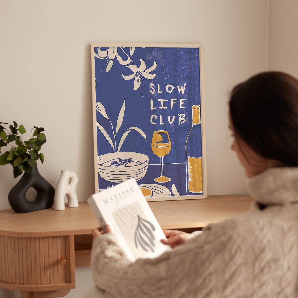 Slow Life Club Navy Blue Wine Breakfast Moody Retro Art Poster - Image 2