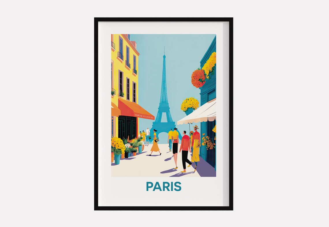 Paris Eiffel Tower Vintage Street Scene Flower Shop Travel Poster