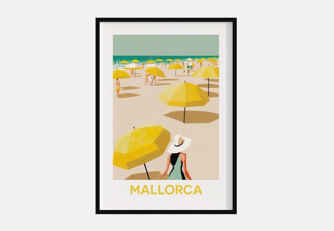 Mallorca Beach Yellow Umbrellas Vintage Summer Travel Poster