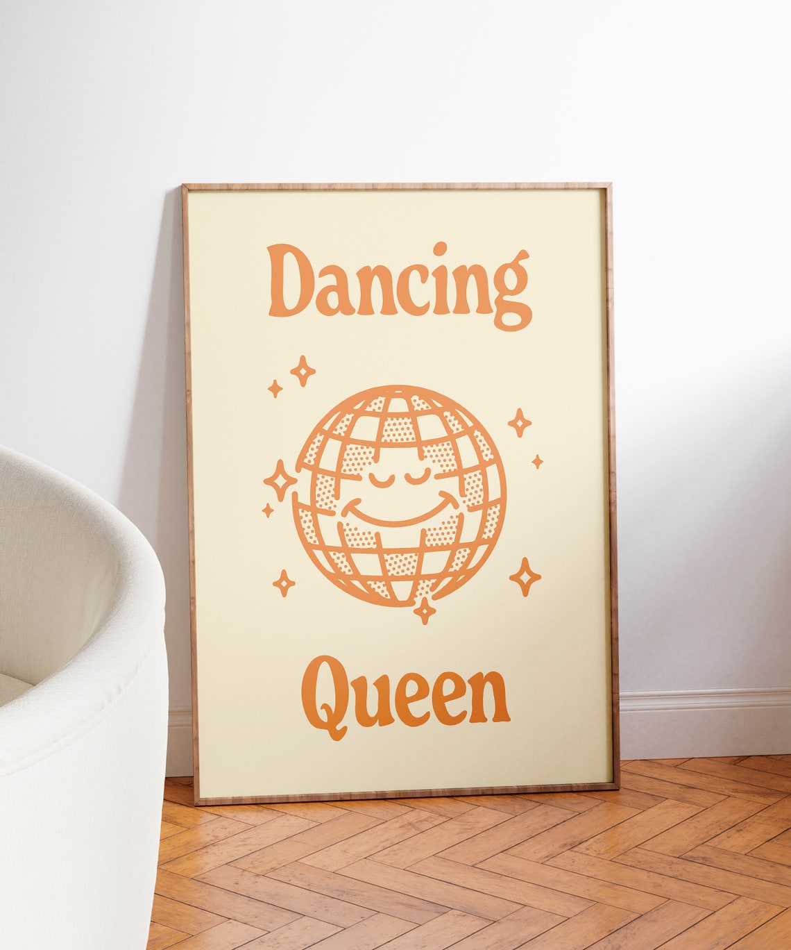 Dancing Queen Orange Smiling Disco Ball Retro 70s Party Quote Poster - Image 3