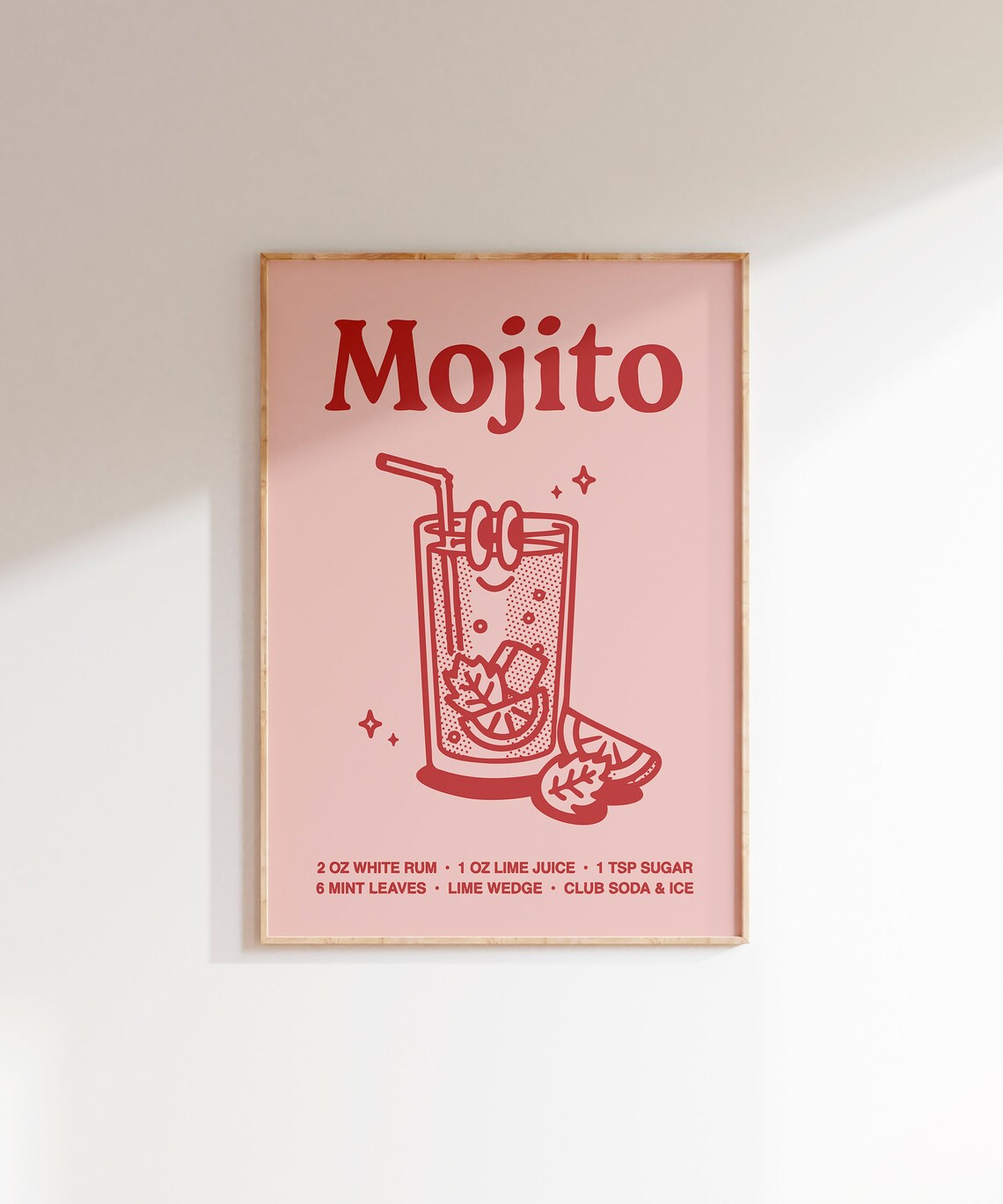 Mojito Cocktail Recipe Pink Line Art Kitchen Bar Cart Poster - Image 3