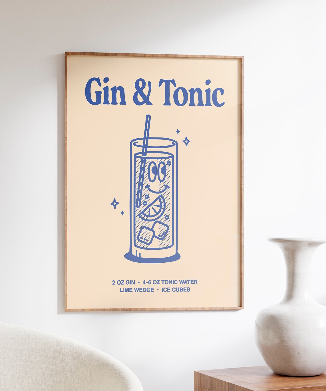 Gin and Tonic Cocktail Recipe Blue Retro Line Art Bar Cart Poster - Image 4