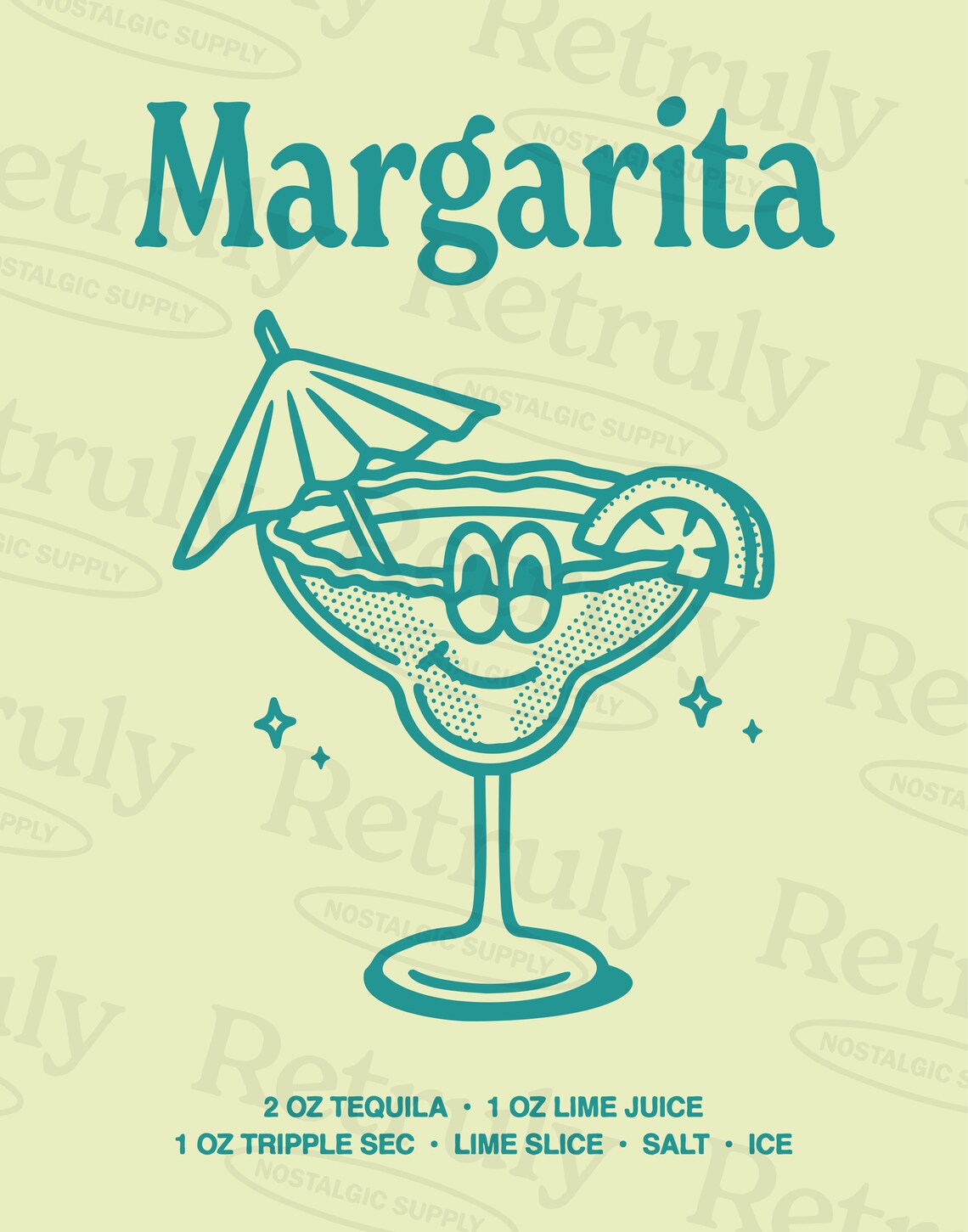 Retro Margarita Glass Smiling Teal Cocktail Recipe Bar Poster - Image 2