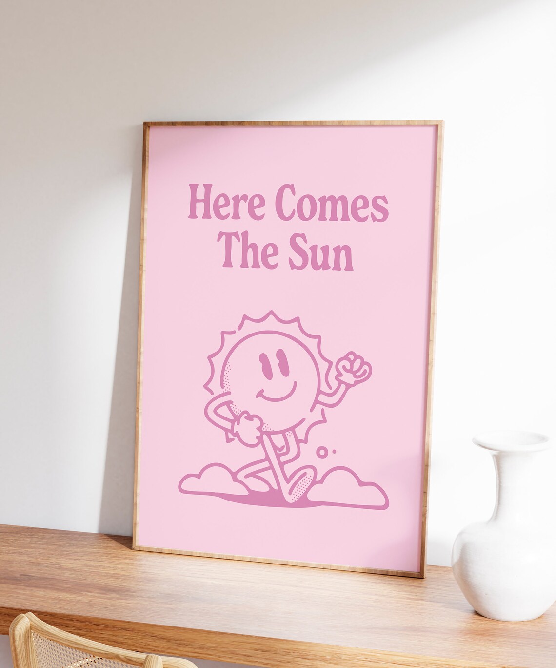 Here Comes The Sun Pink Retro Smiling Sun Mascot Quote Poster - Image 5