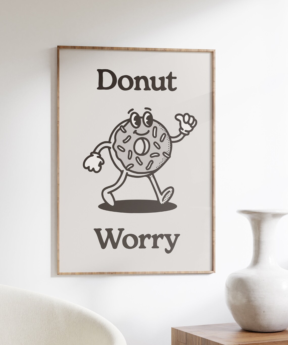 Donut Worry Black Monochrome Retro Donut Mascot Fun Art Poster - Image 4