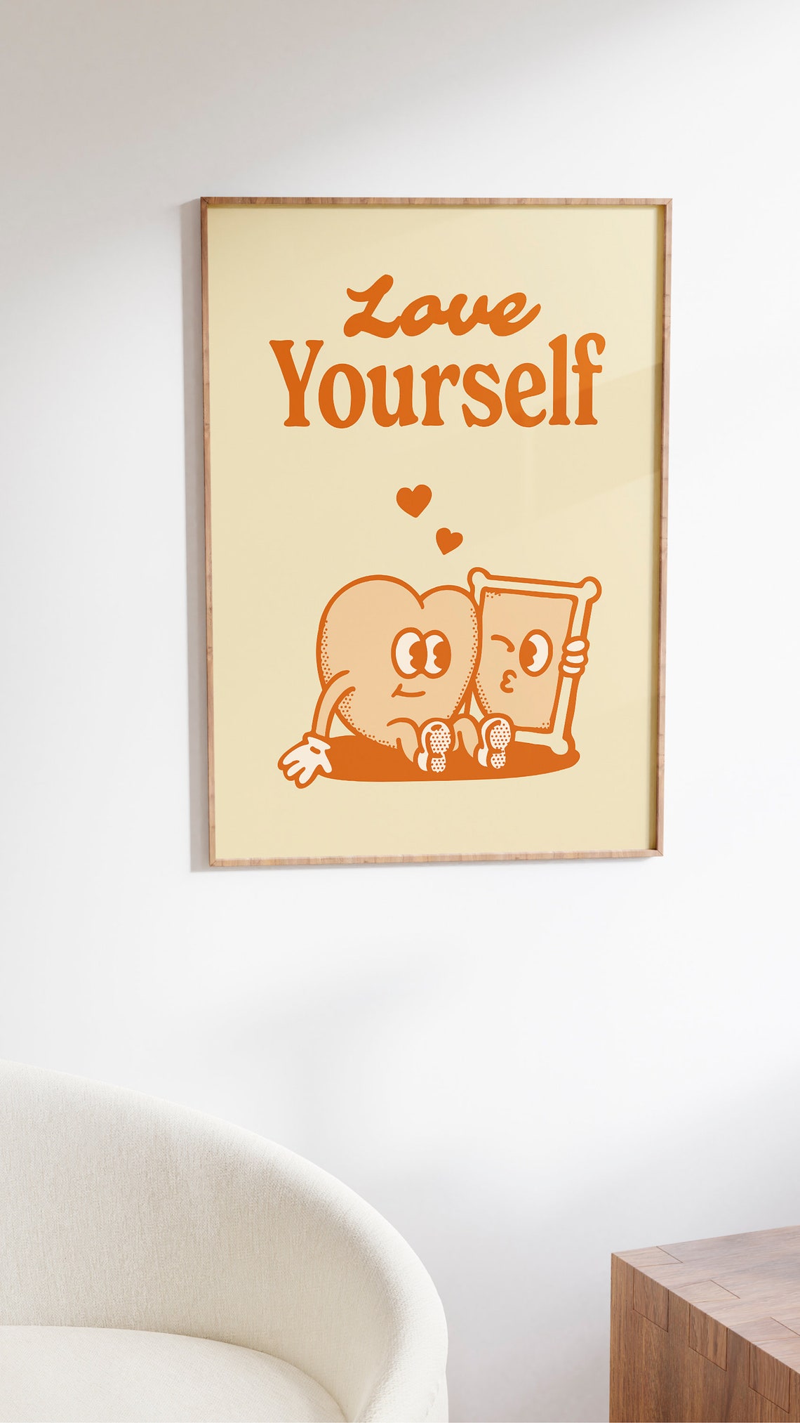 Love Yourself Orange Heart Quote Cute Retro Affirmation Wall Art - Image 2