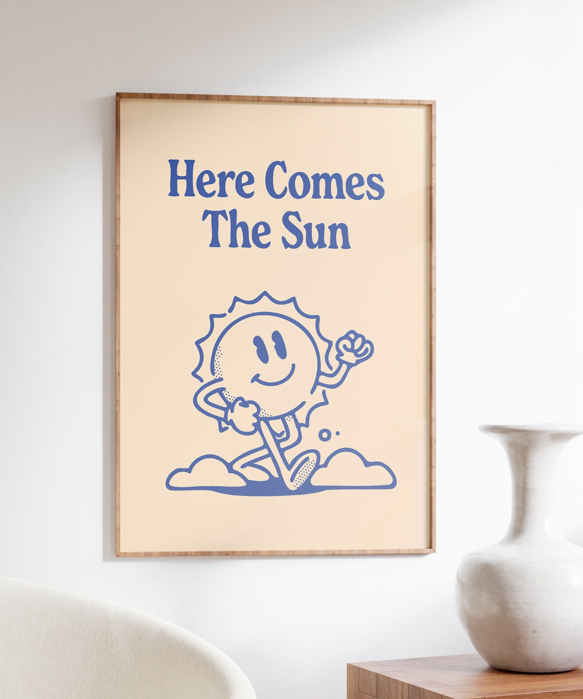 Here Comes The Sun Quote Retro Cartoon Blue Typography Wall Art - Image 7