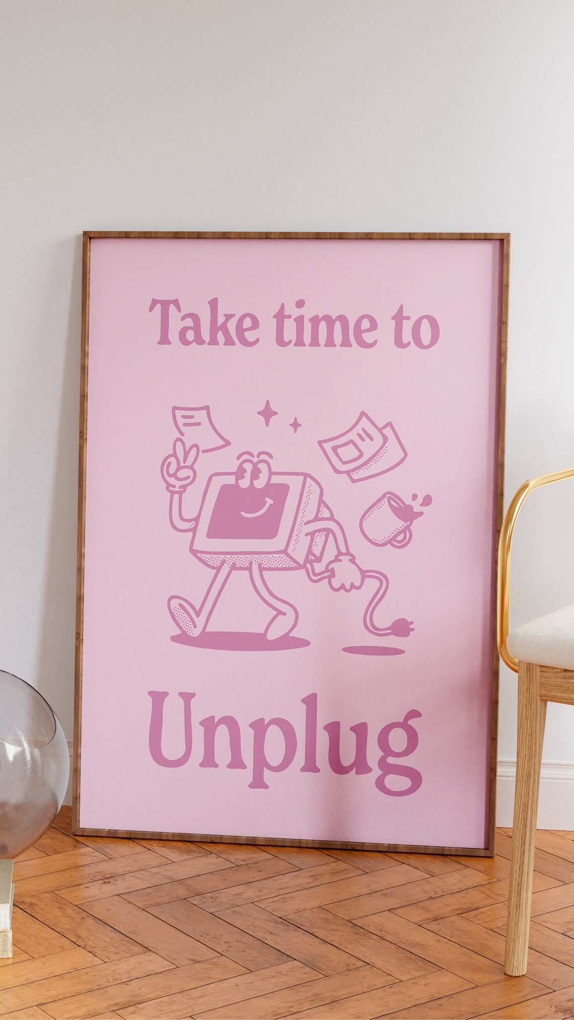 Take Time to Unplug Pink Retro Computer Mascot Self Care Poster - Image 2