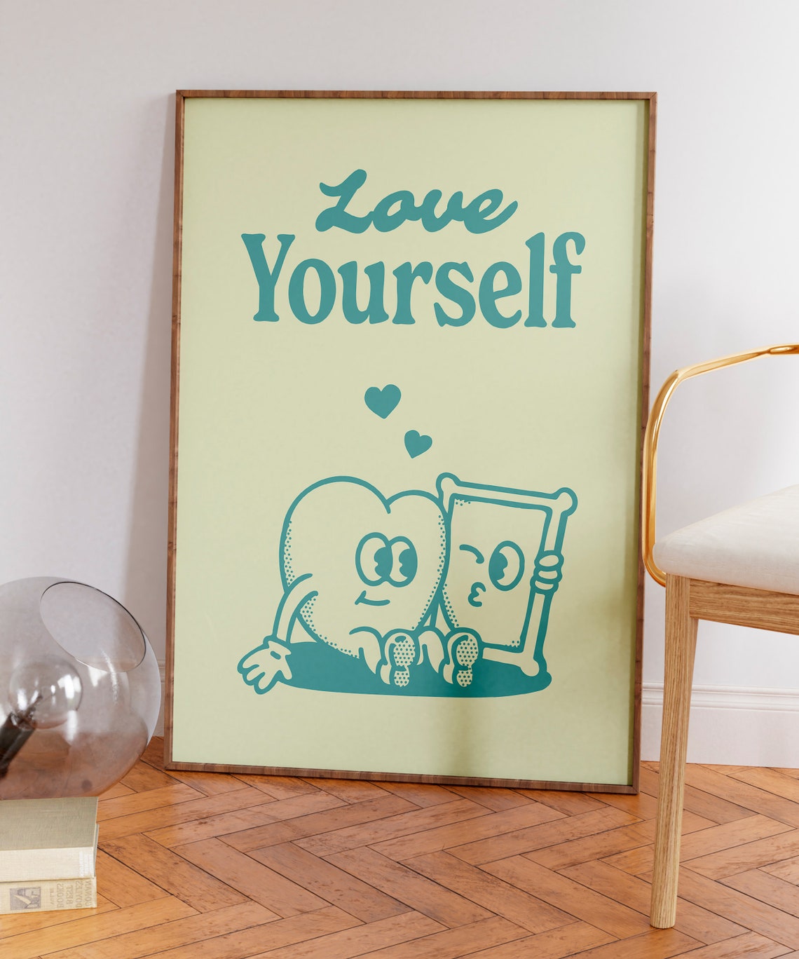 Love Yourself Teal Heart Quote Cute Retro Self Care Wall Art - Image 6