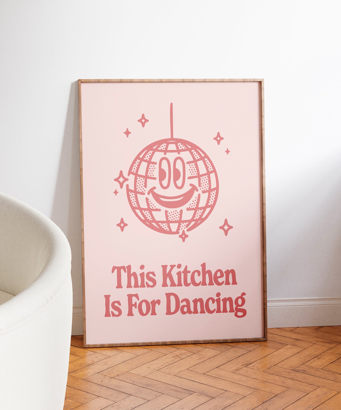 This Kitchen Is For Dancing Coral Pink Smiling Disco Ball Retro Quote Poster - Image 4