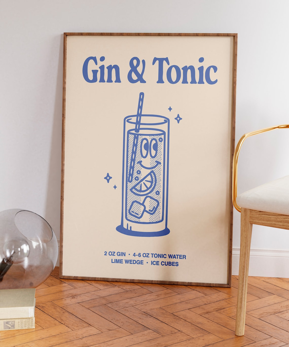 Gin and Tonic Cocktail Recipe Blue Retro Line Art Bar Cart Poster - Image 7