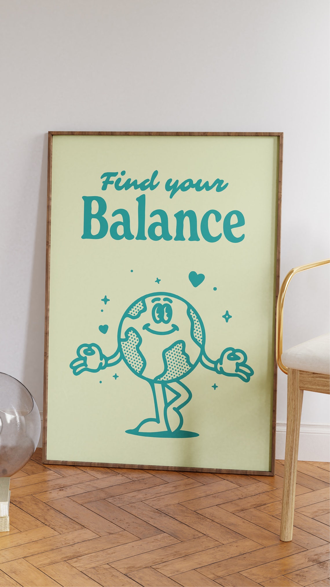 Find Your Balance Teal Globe Retro Character Quote Art Print - Image 2