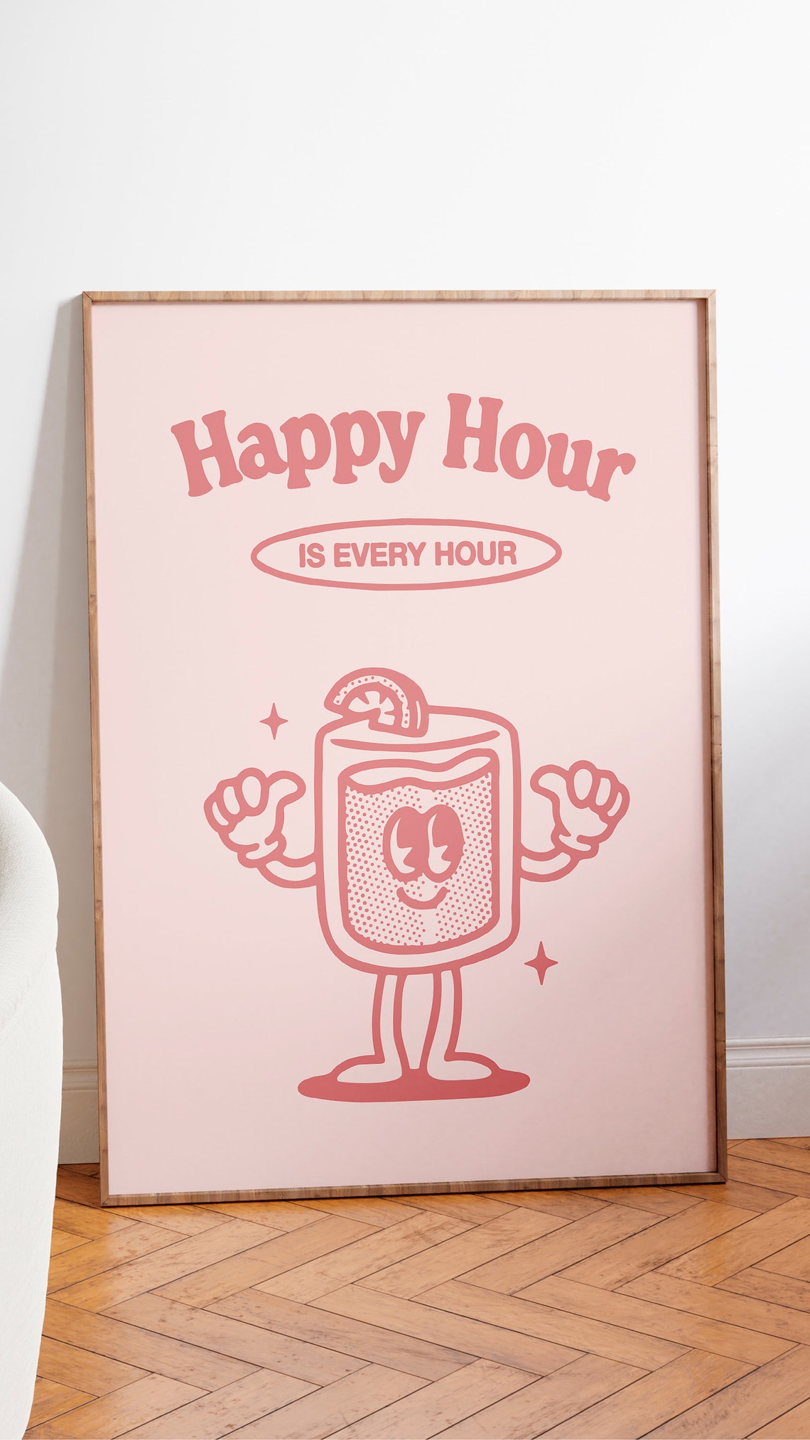 Happy Hour Is Every Hour Cocktail Glass Mascot Pink Retro Poster - Image 2