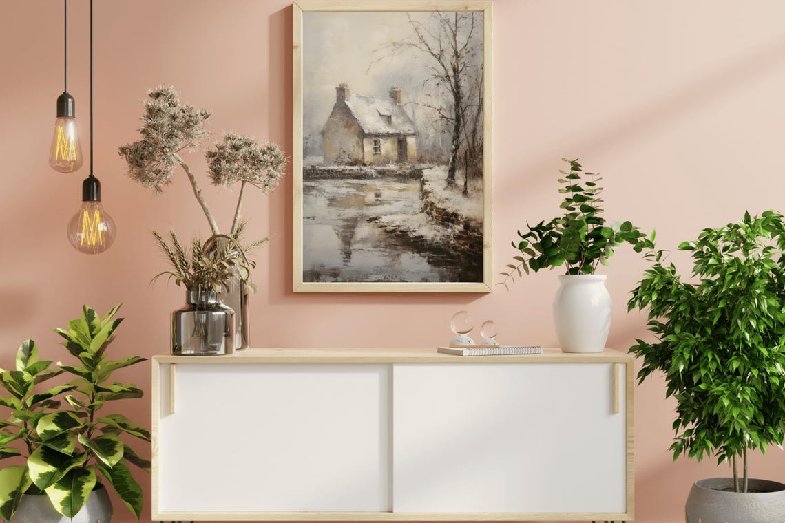 Stone Cottage By Winter Pond Reflection Vintage Oil Painting Print - Image 3
