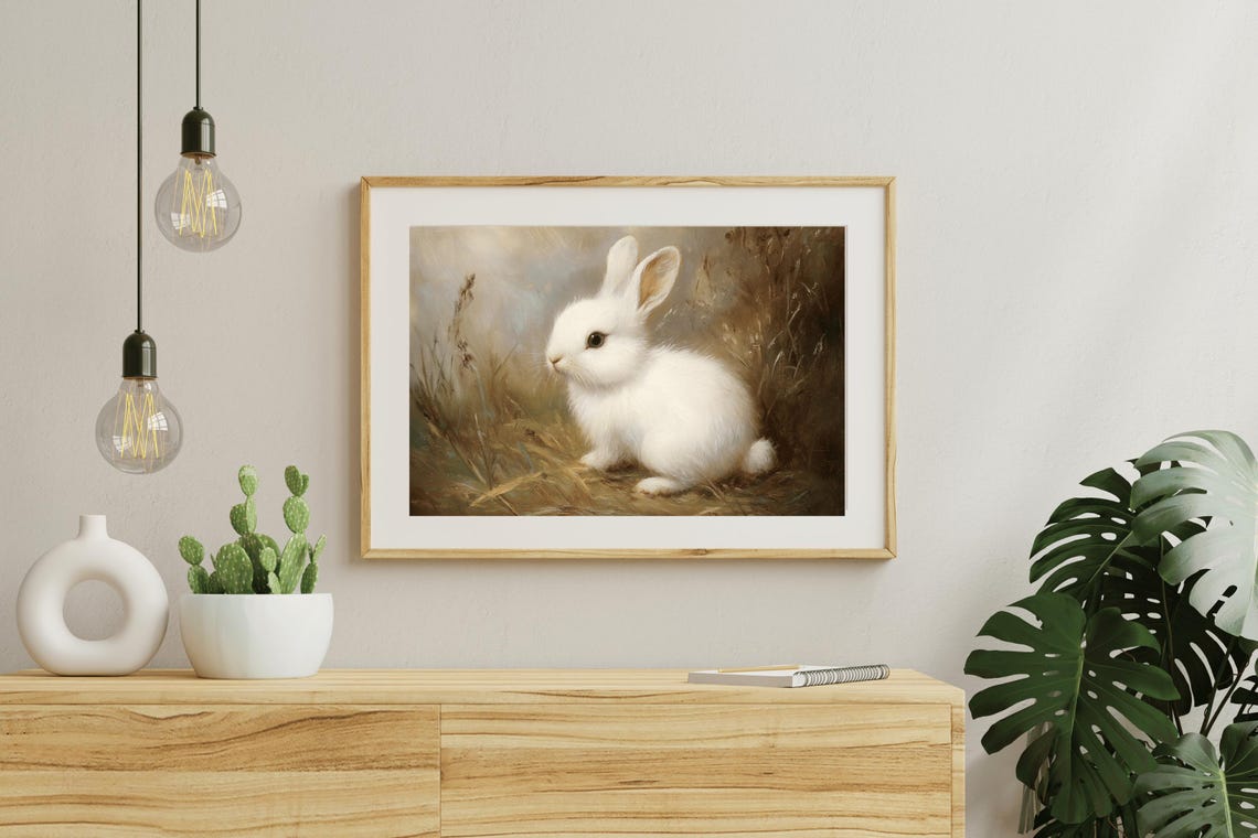 White Bunny Meadow Vintage Oil Painting Cute Rabbit Animal Poster - Image 5