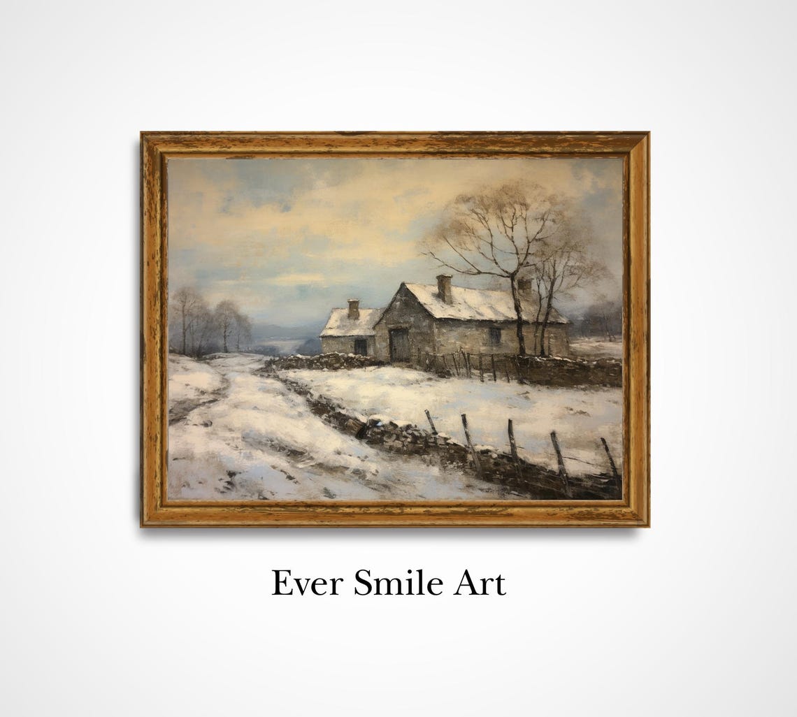 Snowy Stone Farmhouse Winter Path Vintage Landscape Oil Painting