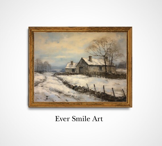 Snowy Stone Farmhouse Winter Path Vintage Landscape Oil Painting