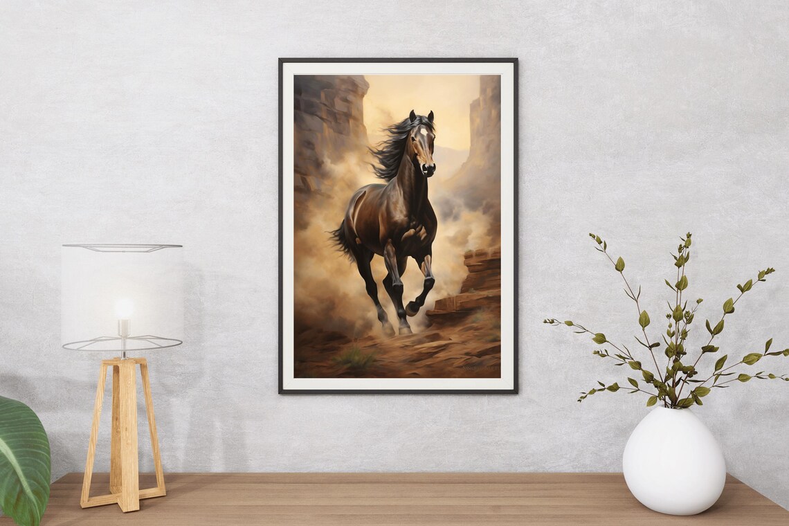 Wild Horse Galloping Desert Canyon Western Equine Oil Painting Print - Image 5