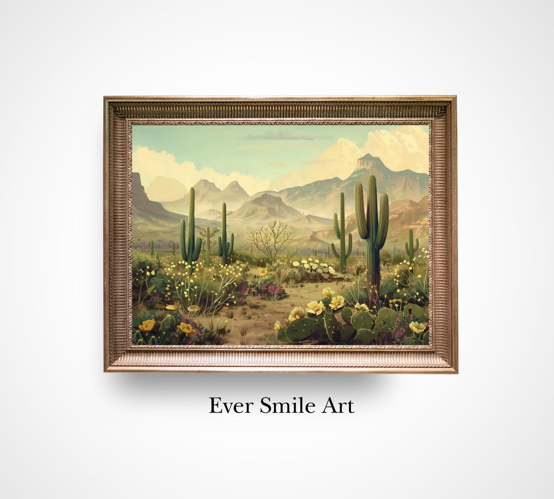 Vintage Saguaro Cactus Desert Mountains Sepia Southwest Poster Print