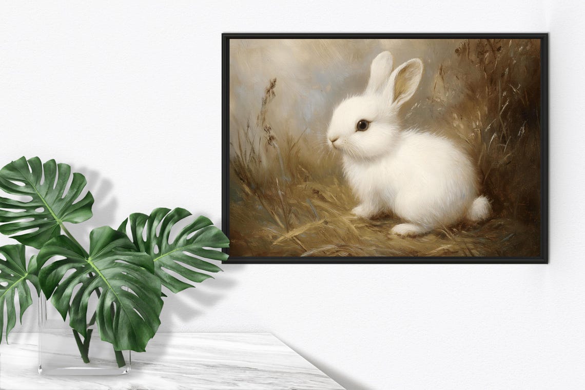 White Bunny Meadow Vintage Oil Painting Cute Rabbit Animal Poster - Image 4