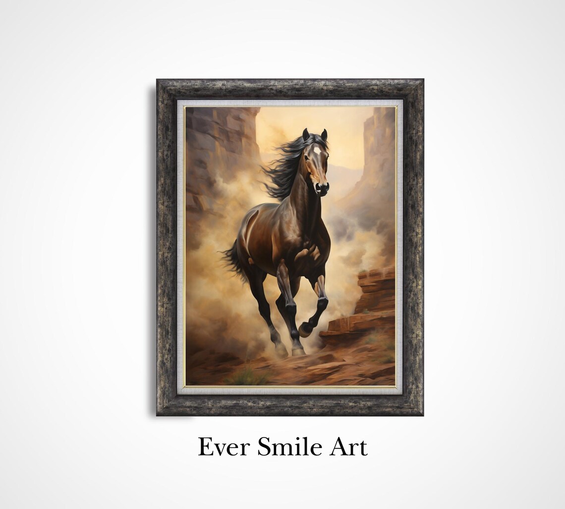 Wild Horse Galloping Desert Canyon Western Equine Oil Painting Print