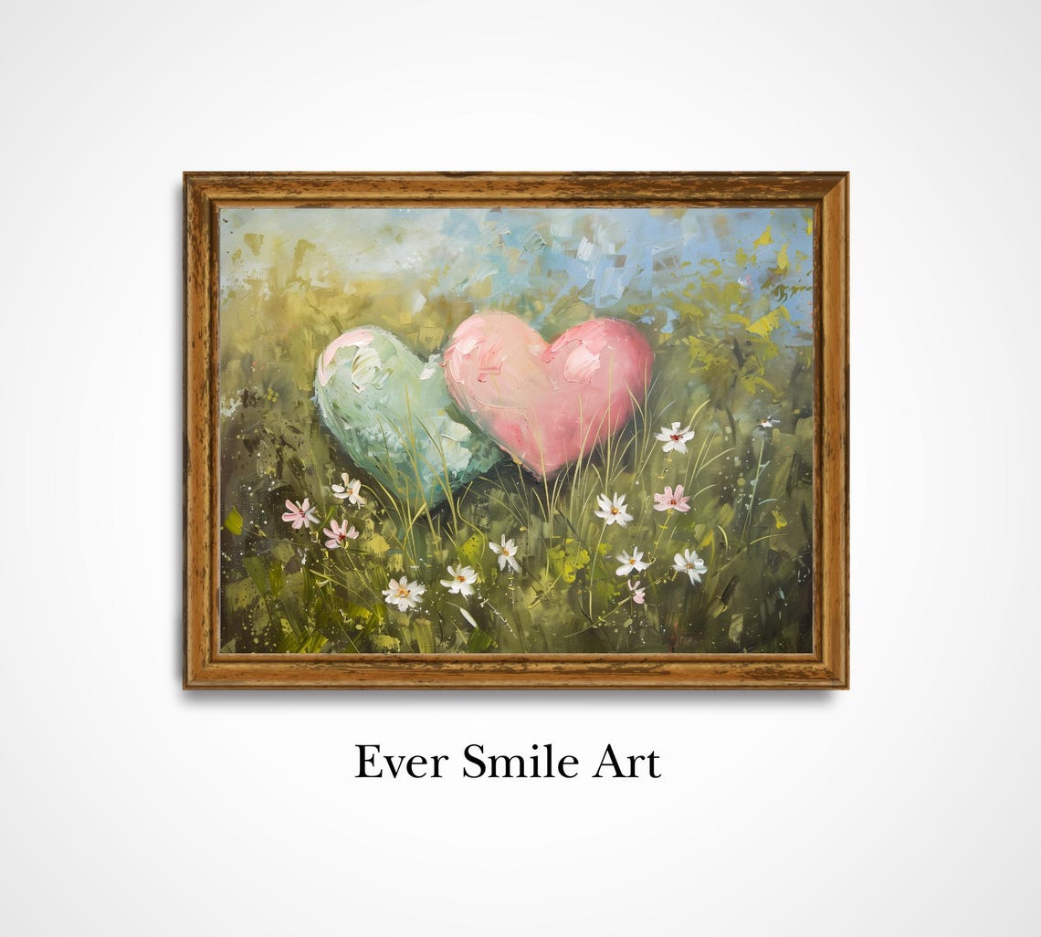 Pink And Mint Hearts In Daisy Meadow Vintage Valentine Art Poster