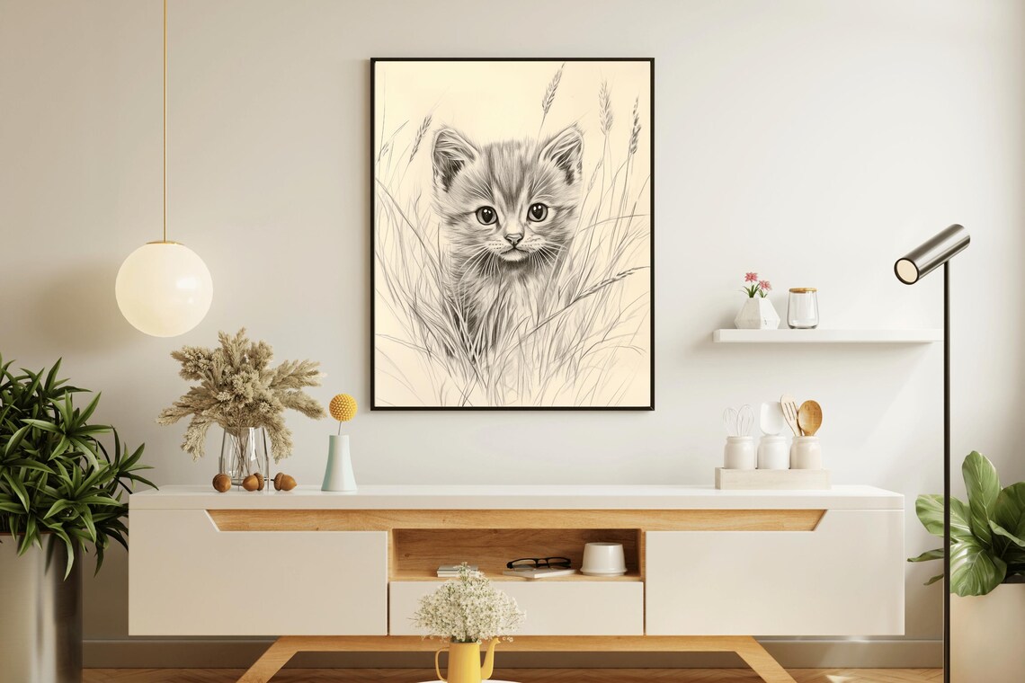 Fluffy Kitten Pencil Sketch Vintage Nursery Cat Drawing Wall Art Poster - Image 5
