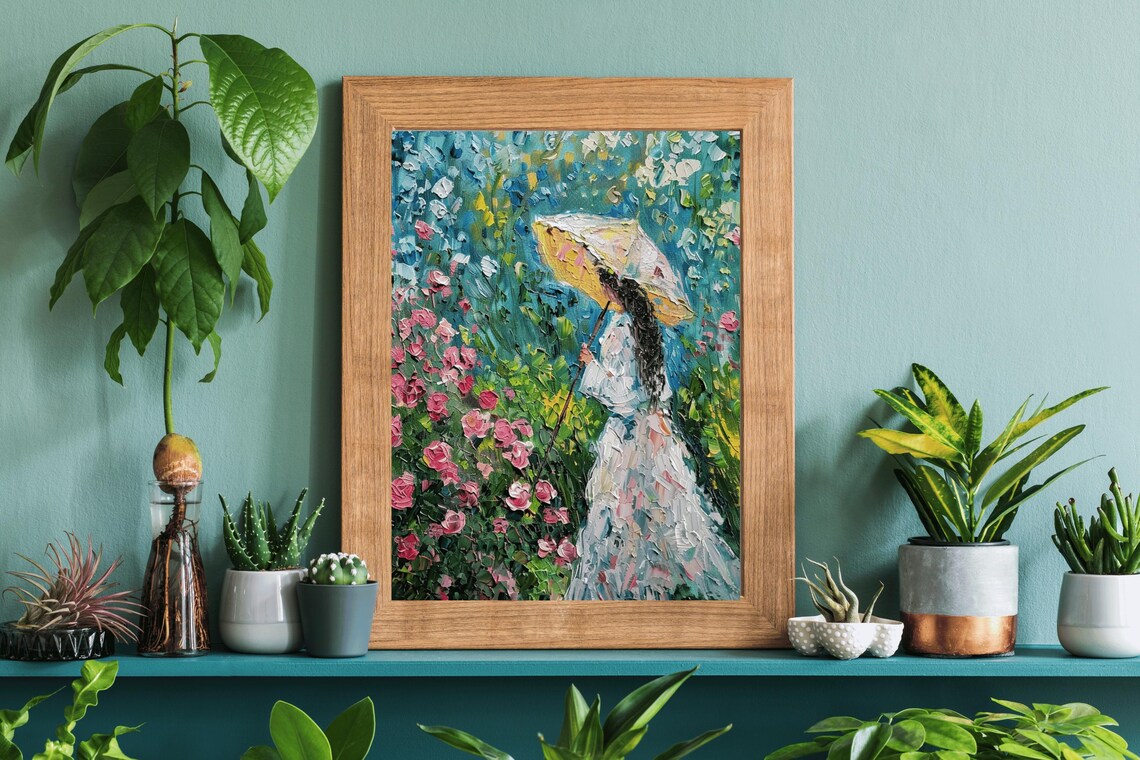 Vintage Oil Painting Woman With Parasol In Flower Garden Wall Art Large Bedroom Decor Home And Nursery Gift Wall Art Gift - Image 3
