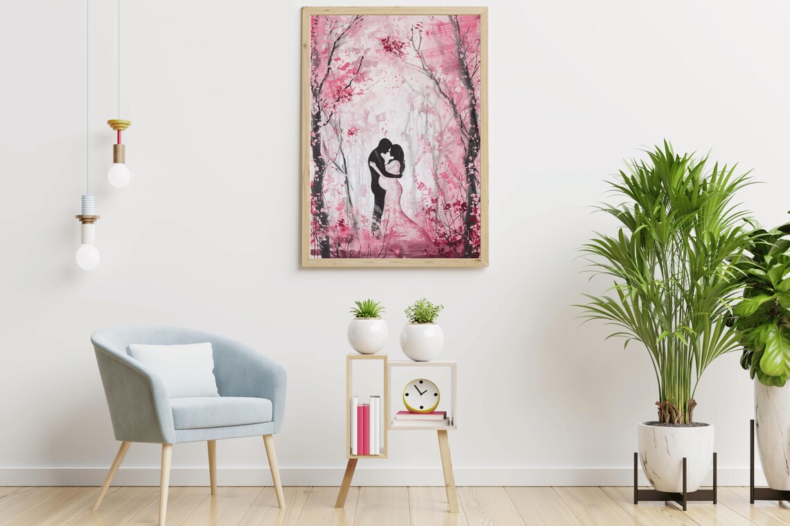 Romantic Couple Oil Painting Embracing With Pregnant Woman Vintage Art Wedding Anniversary Love Valentines Day Gift Art - Image 3