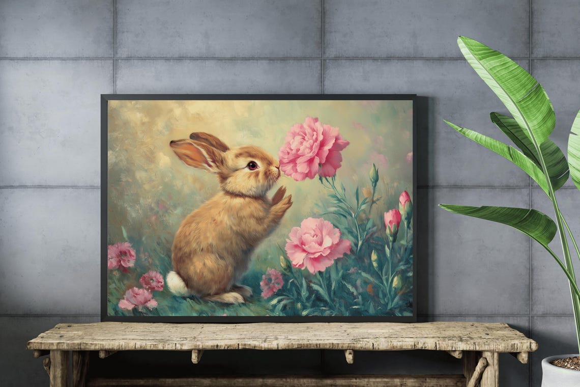 Cute Bunny Wall Art Nursery Decor Childrens Room Decor Whimsical Rabbit Art Pink Carnation Gift Rabbit Print Art - Image 2