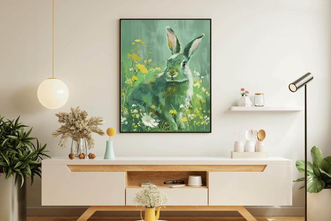 Green Bunny In Wildflowers Vintage Spring Meadow Rabbit Art Poster - Image 2