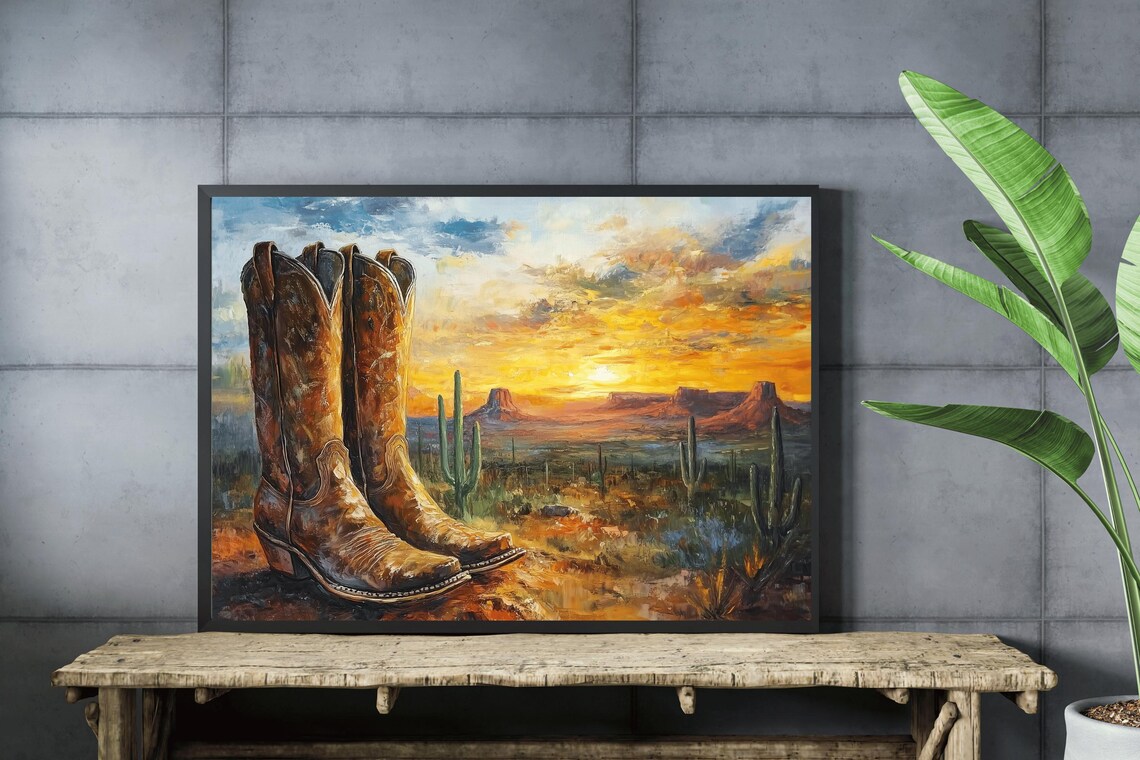 Cowboy Boots At Desert Sunset With Saguaro Cactus Western Art Poster - Image 4