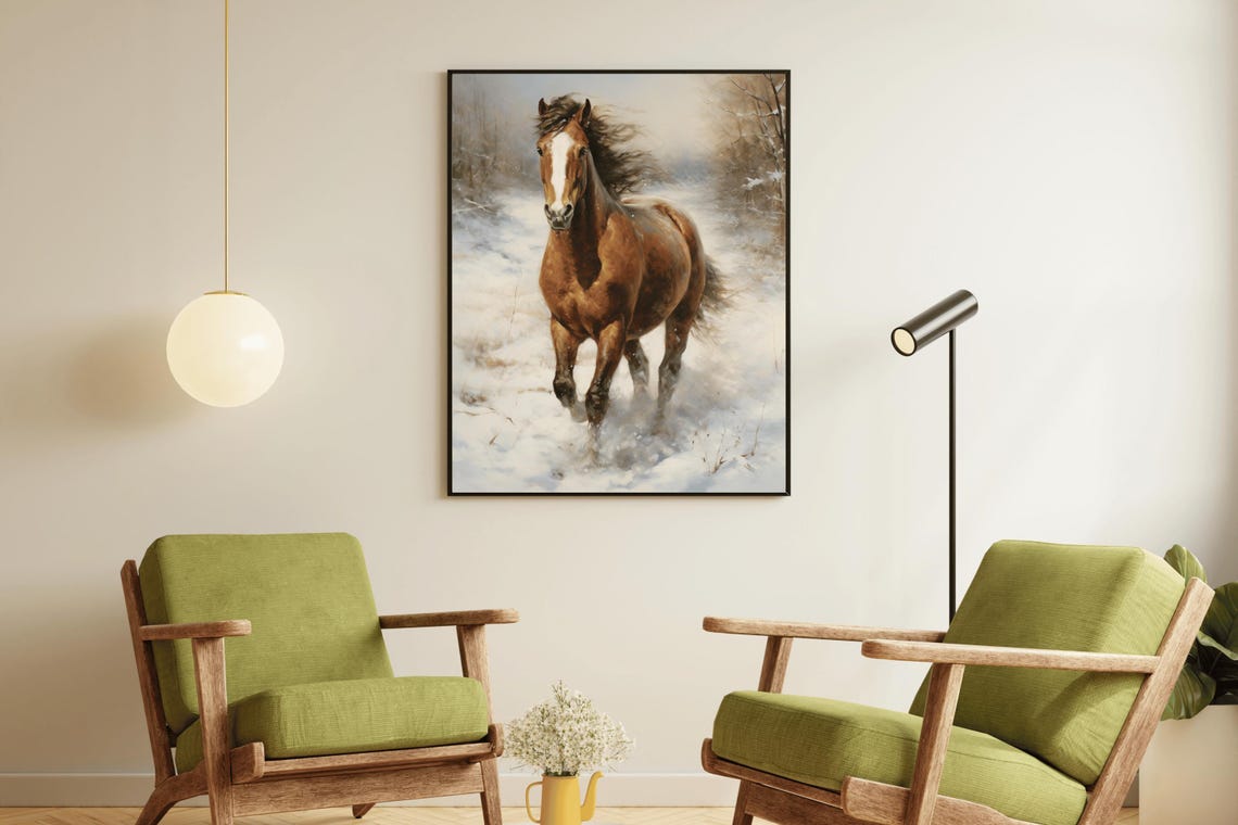 Chestnut Brown Horse Galloping Snow Winter Scene Equestrian Art Poster - Image 2