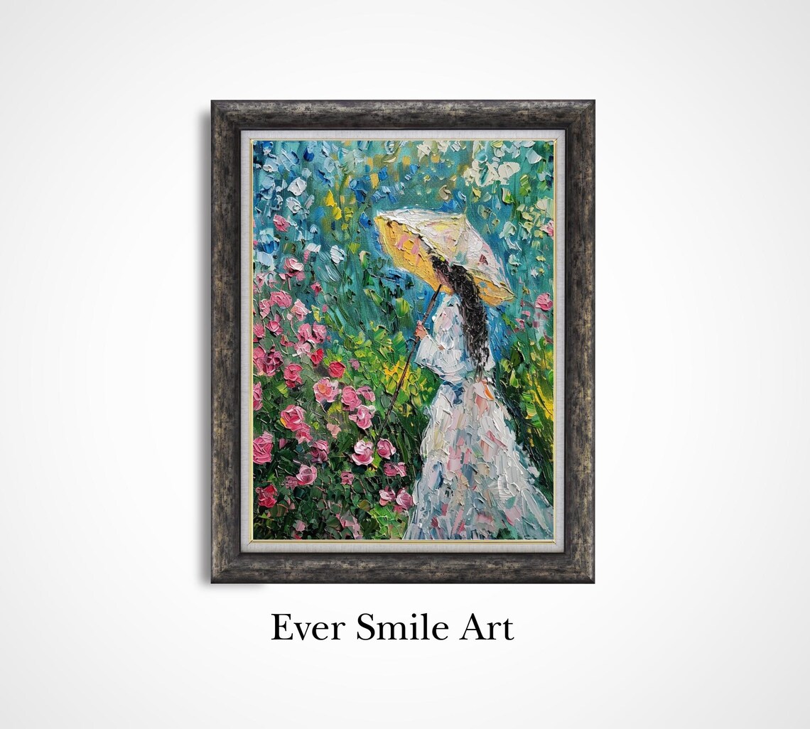 Vintage Oil Painting Woman With Parasol In Flower Garden Wall Art Large Bedroom Decor Home And Nursery Gift Wall Art Gift