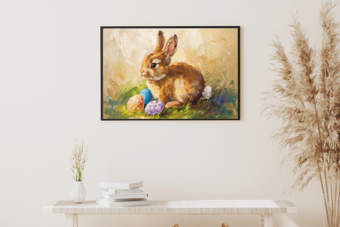 Brown Easter Bunny With Painted Eggs Vintage Spring Farmhouse Art Poster - Image 4