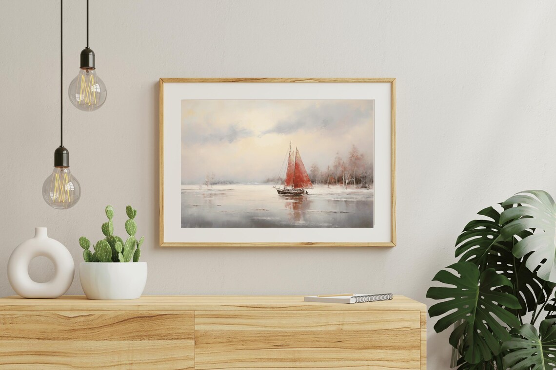 Red Sails Sailboat Calm Silver Waters Vintage Nautical Oil Painting - Image 5