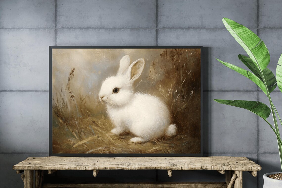 White Bunny Meadow Vintage Oil Painting Cute Rabbit Animal Poster - Image 3