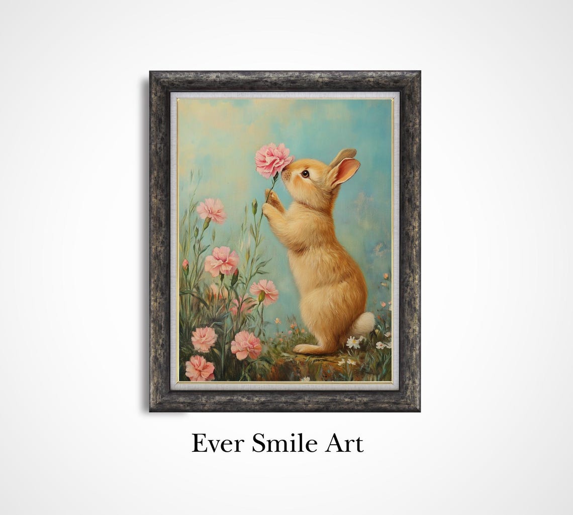 Bunny Smelling Pink Carnation Whimsical Vintage Rabbit Art Poster