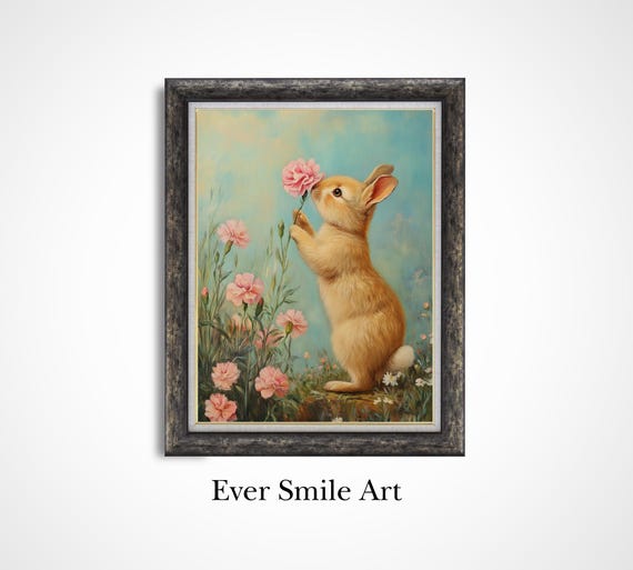 Rabbit Print Nursery Decor Childrens Room Rabbit Smelling Flower Pink Carnation Easter Decoration Whimsical Cute Rabbit