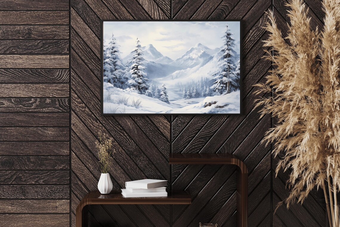 Snowy Mountain Valley Frosted Pines Classic Winter Oil Painting Print - Image 2